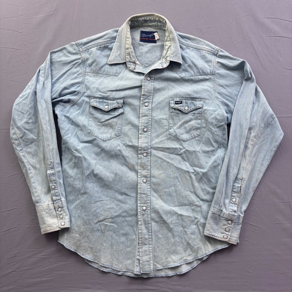 Vintage Wrangler Western Pearl Snap Denim Shirt Light Wash XL Long Tails Country